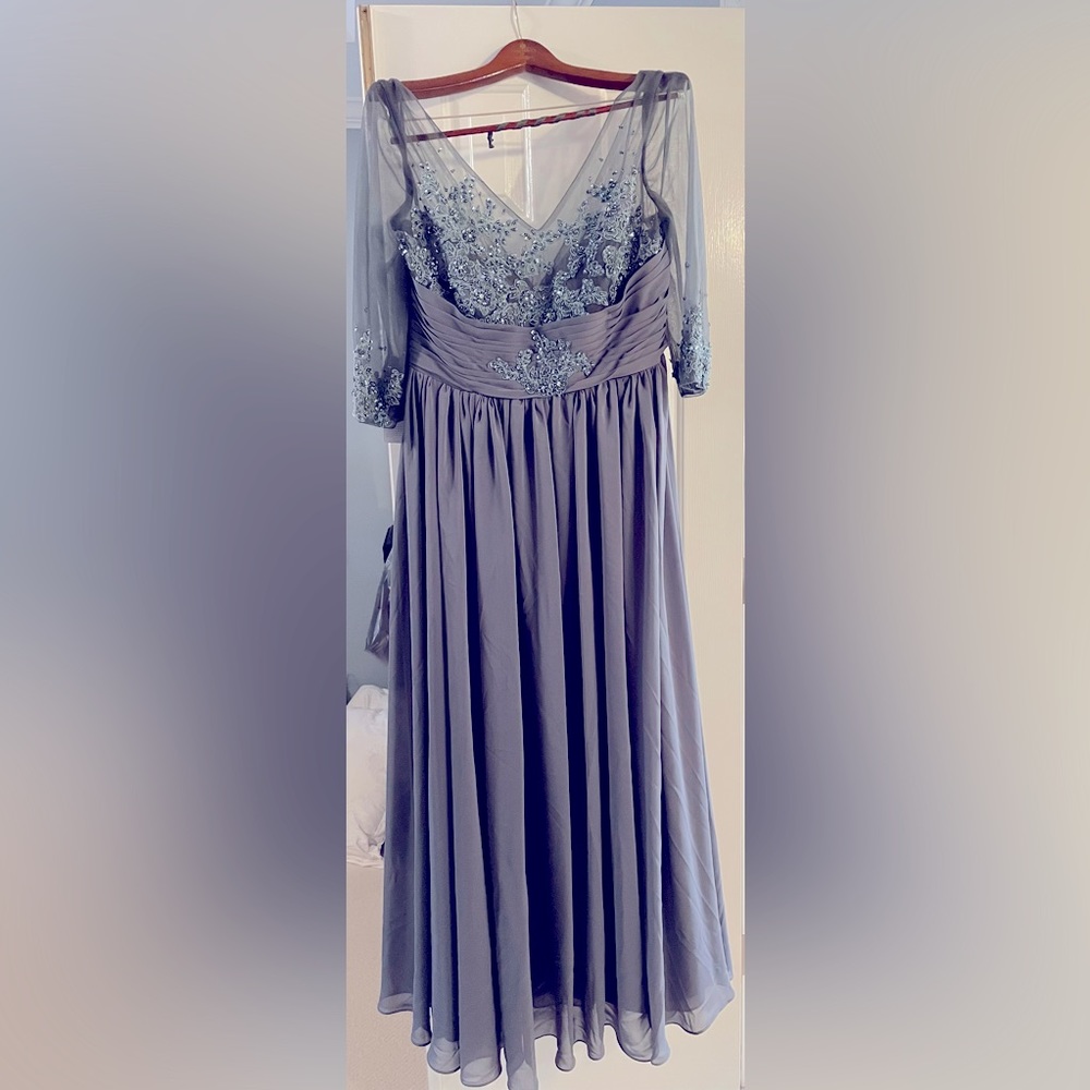 JJS House wedding guest dress - gray with intricate beading.